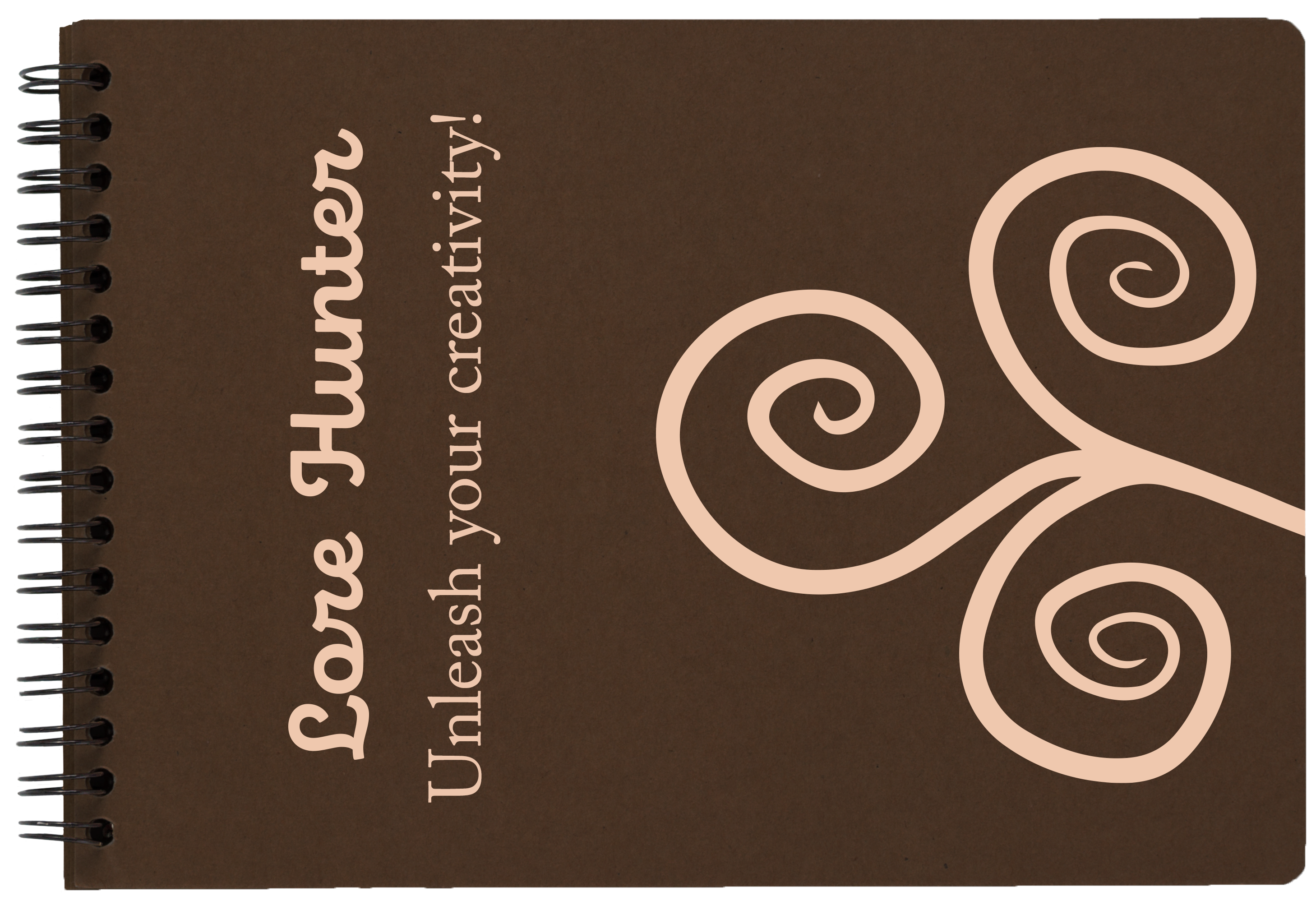 This is a mockup image of a dark brown 
			notepad with a tan-colored pattern containing three spirals intertwined together.